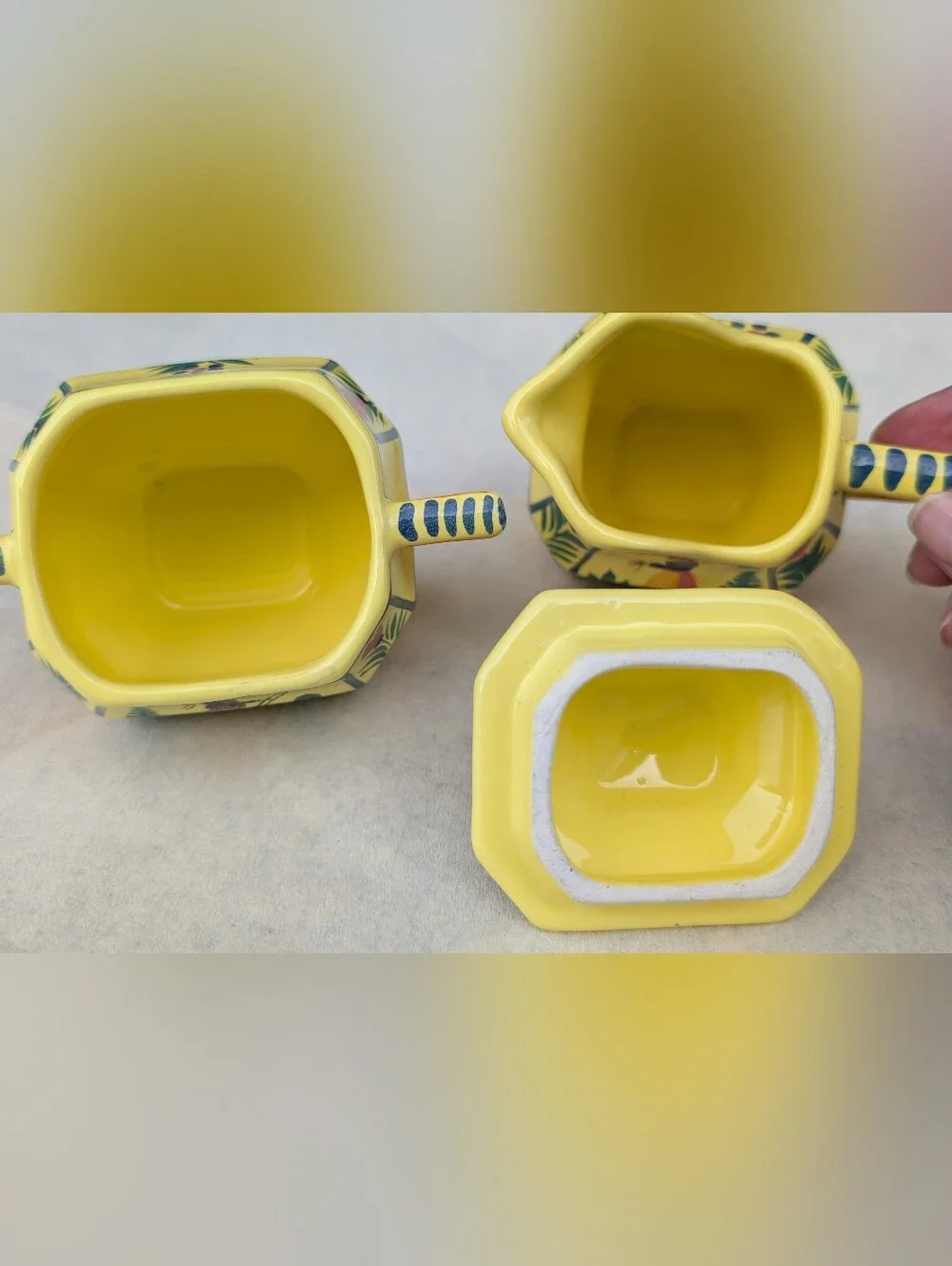 VTG HB Quimper Hand-Painted Yellow Ceramic Sugar and Creamer Set NICE CONDITION